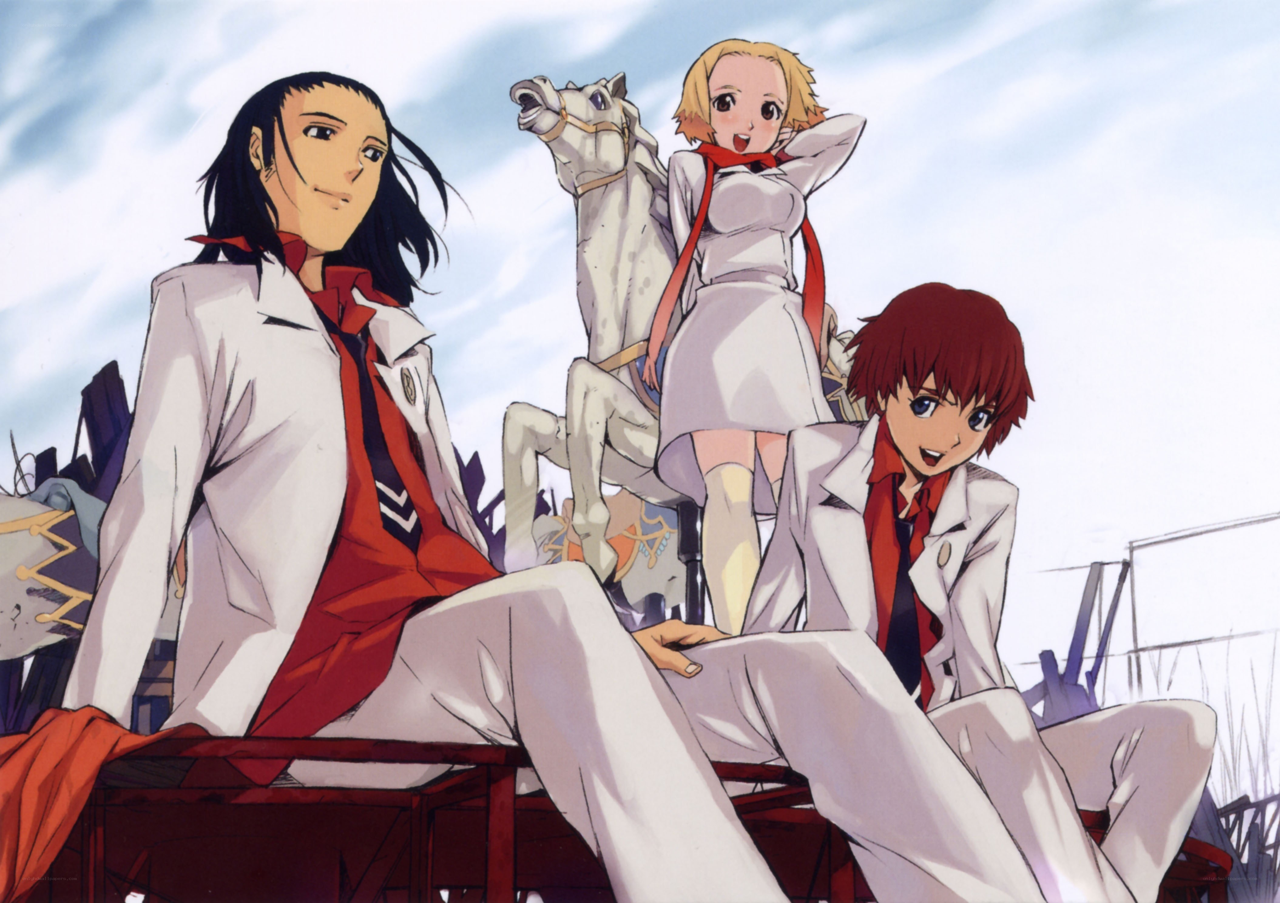 Three characters on a carousel