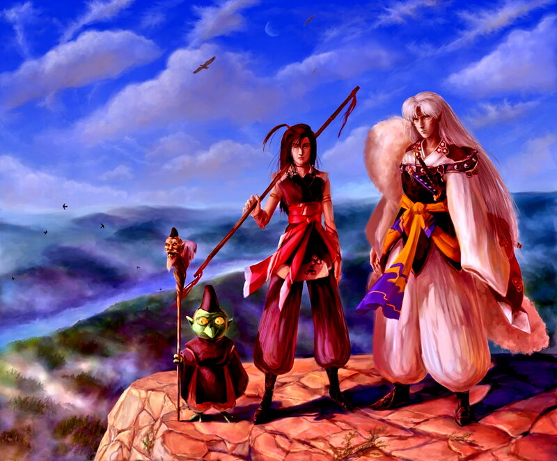 Three Characters on a Cliff — Blue, Dramatic