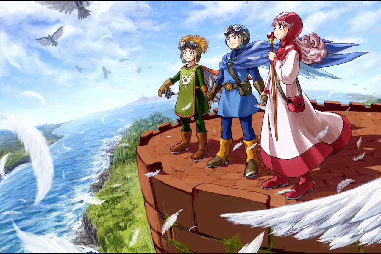 three characters on a cliff