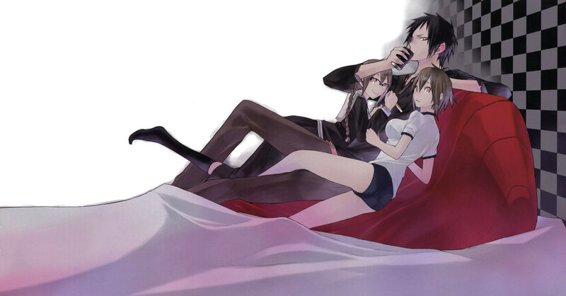 Three characters on a red beanbag