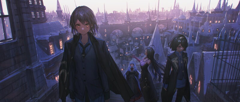 Three Characters on a Rooftop — Purple, Dramatic