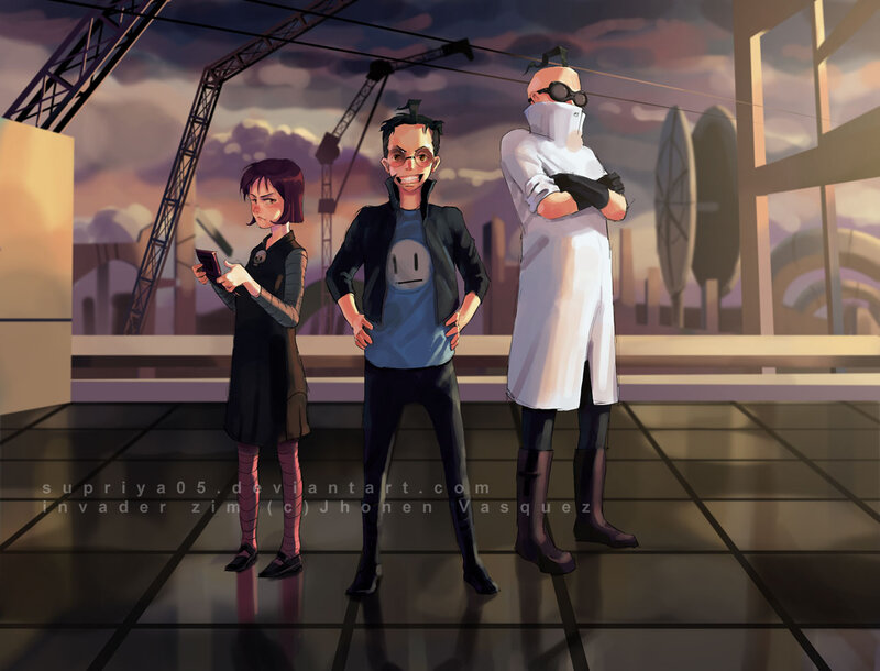 Three characters on a rooftop