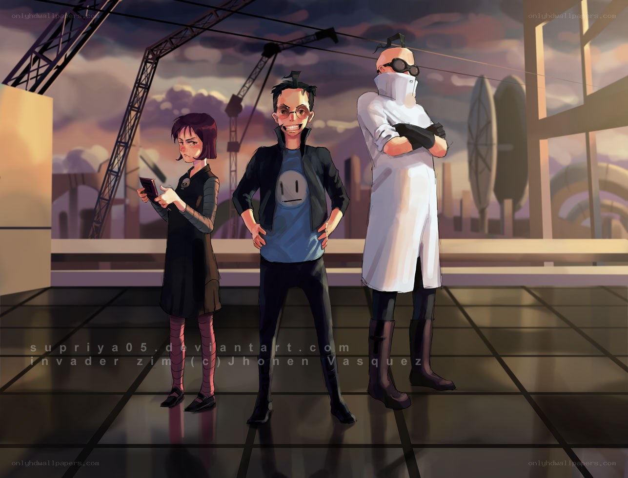 Three characters on a rooftop