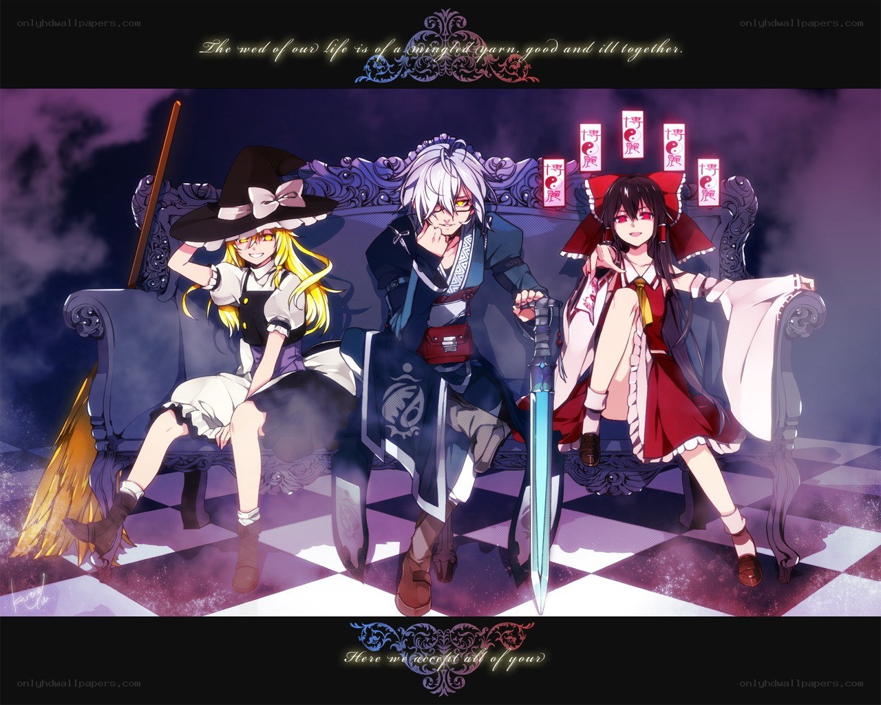 Three characters on a throne