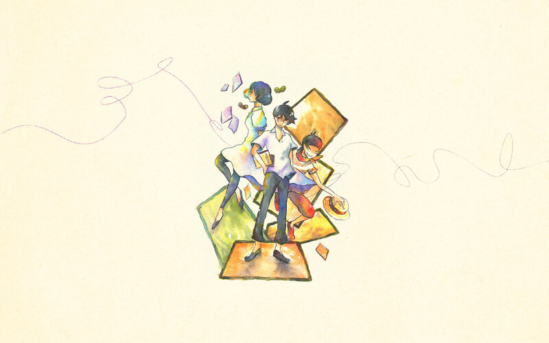 three characters on floating platforms
