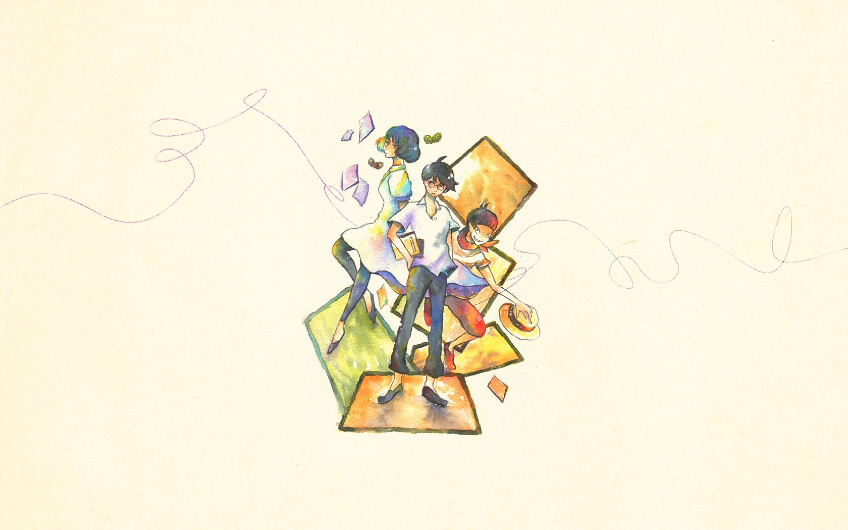 three characters on floating platforms
