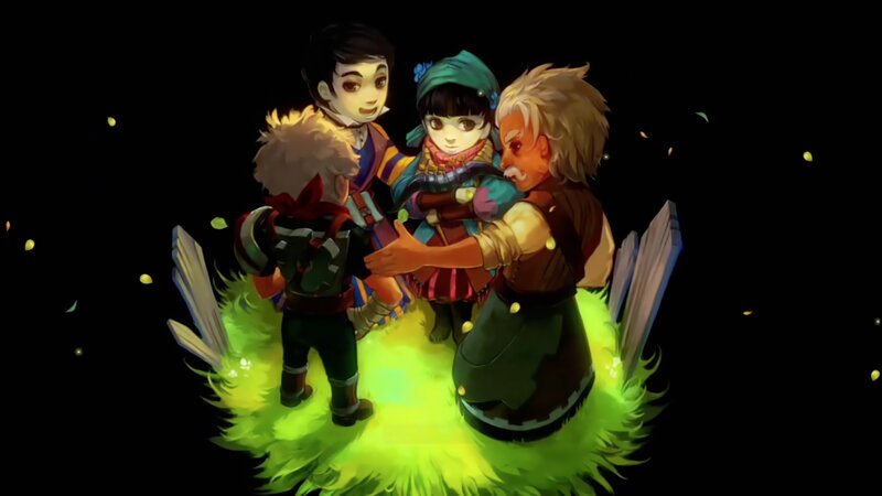 Three Characters on Glowing Ground