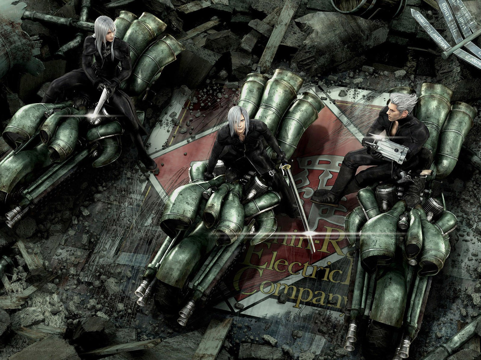 Three characters on motorcycles in ruins