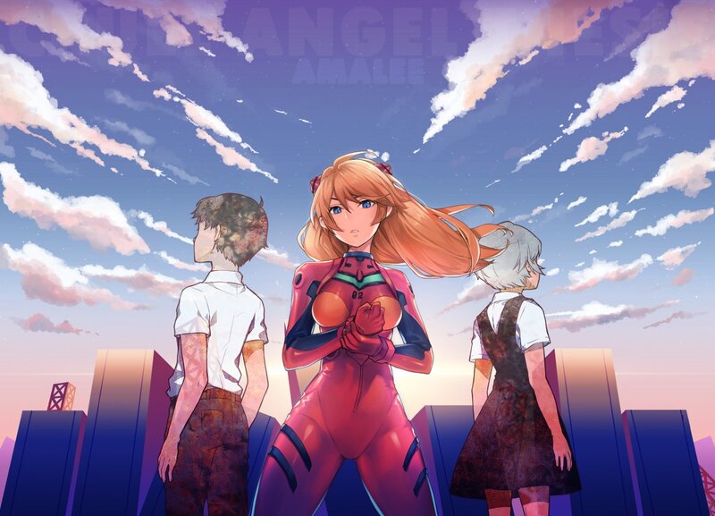 Three Characters on Rooftop — Blue