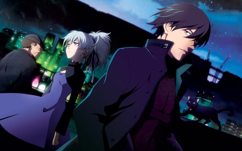 Three Characters on Rooftop — Purple