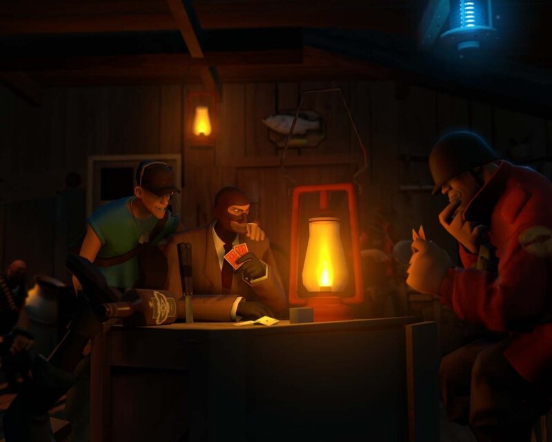 Three Characters Playing Cards — Brown