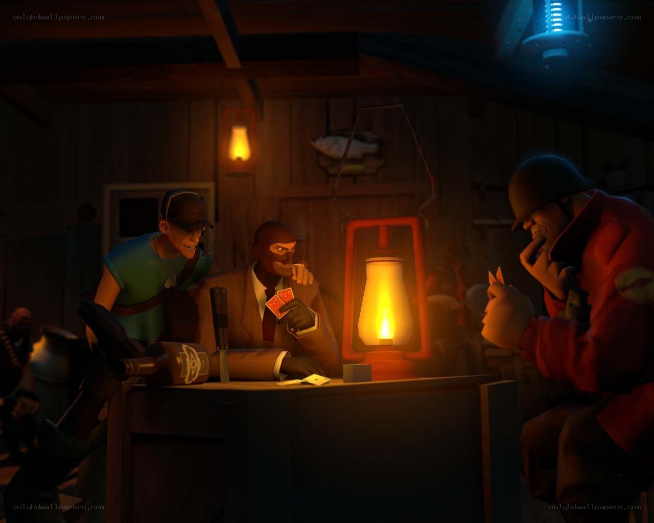 Three characters playing cards