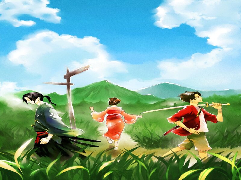 Three Characters Running — Green, Adventurous