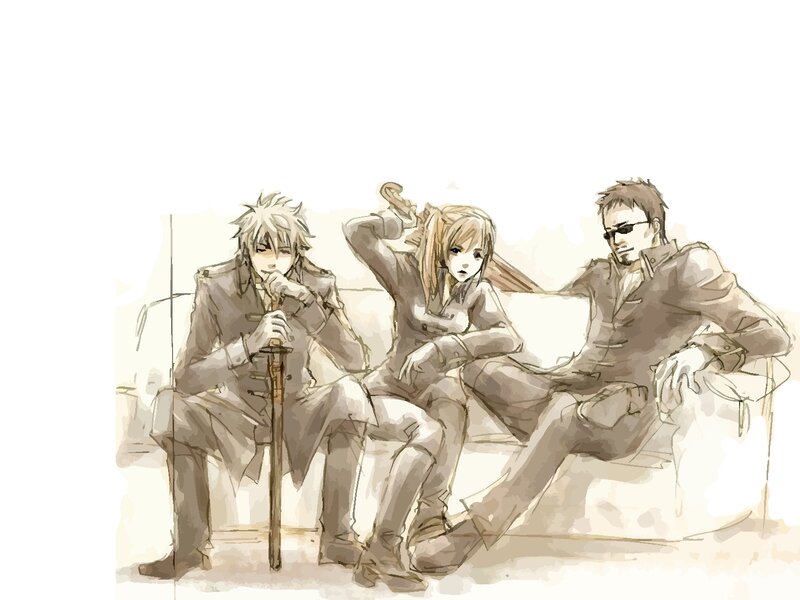 three characters sitting together