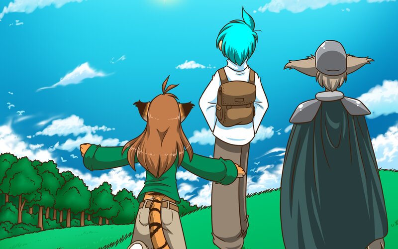 Three Characters Standing — Blue, Serene