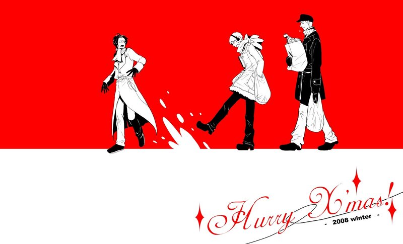 Three characters walking in winter
