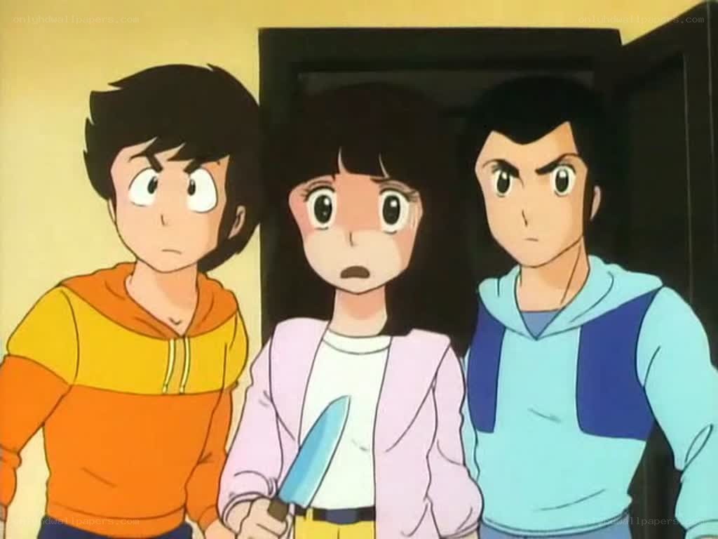 Three characters with a knife