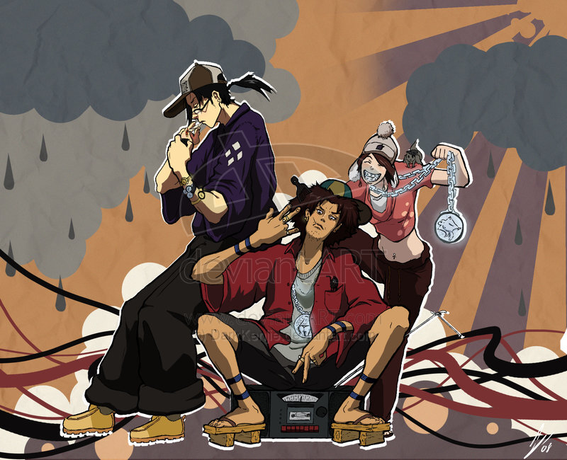 three characters with boombox