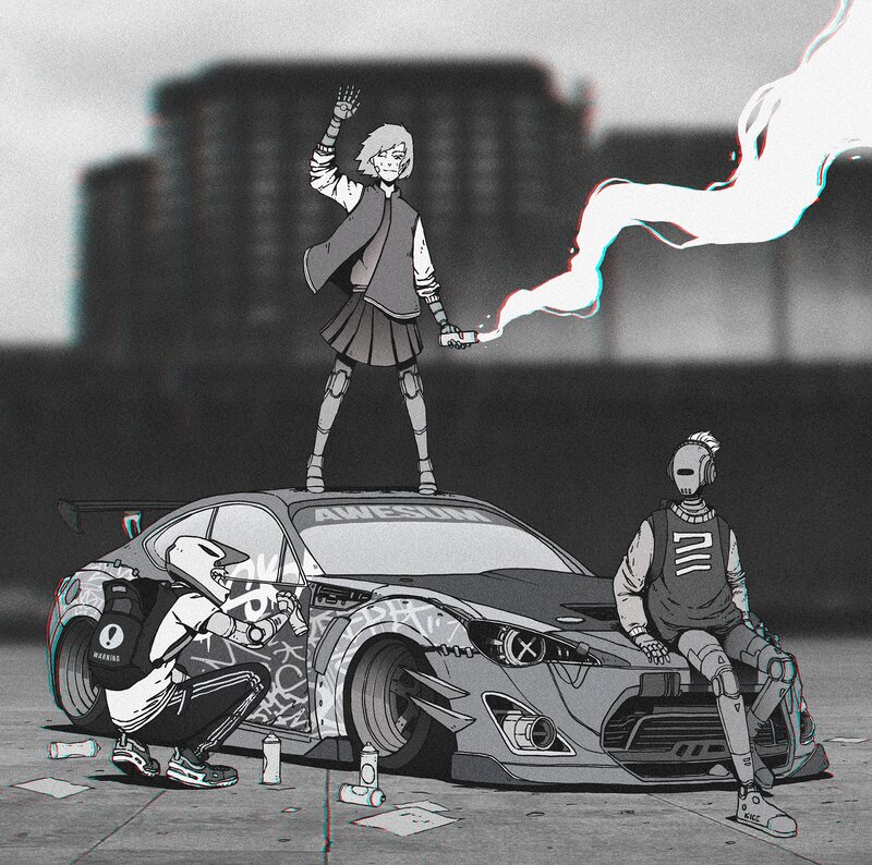 Three Characters with Car — Black