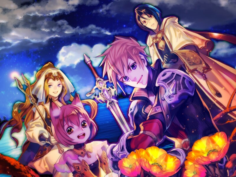Three Characters with Flowers — Purple