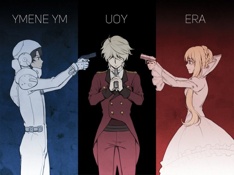 Three Characters with Guns — Blue