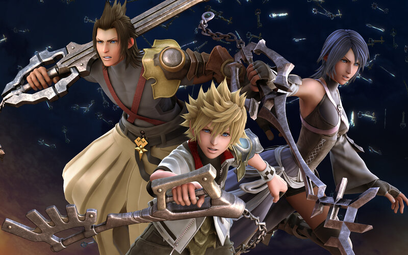 Three Characters with Keyblades — Blue, Dramatic, Night, 3d Render