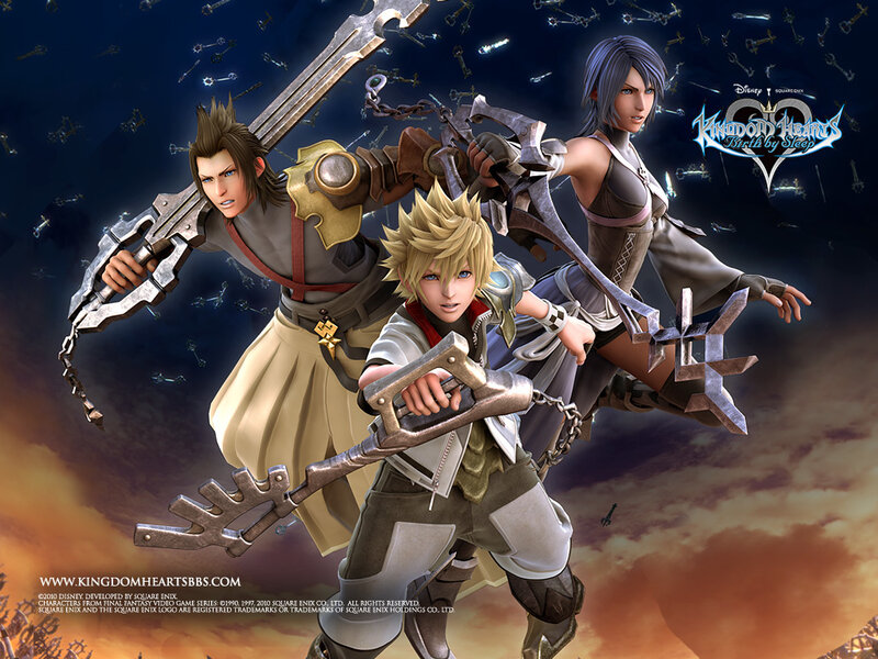Three Characters with Keyblades — Blue, Dramatic, Sunset
