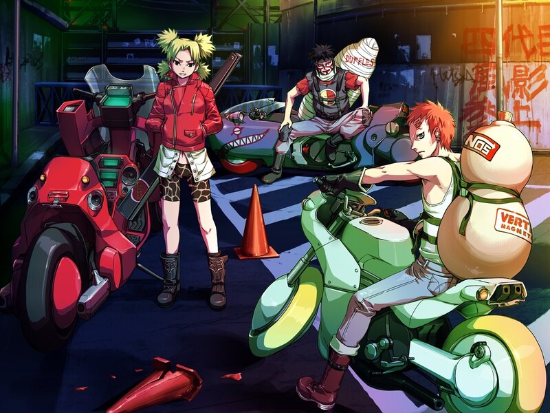 Three Characters with Motorcycles