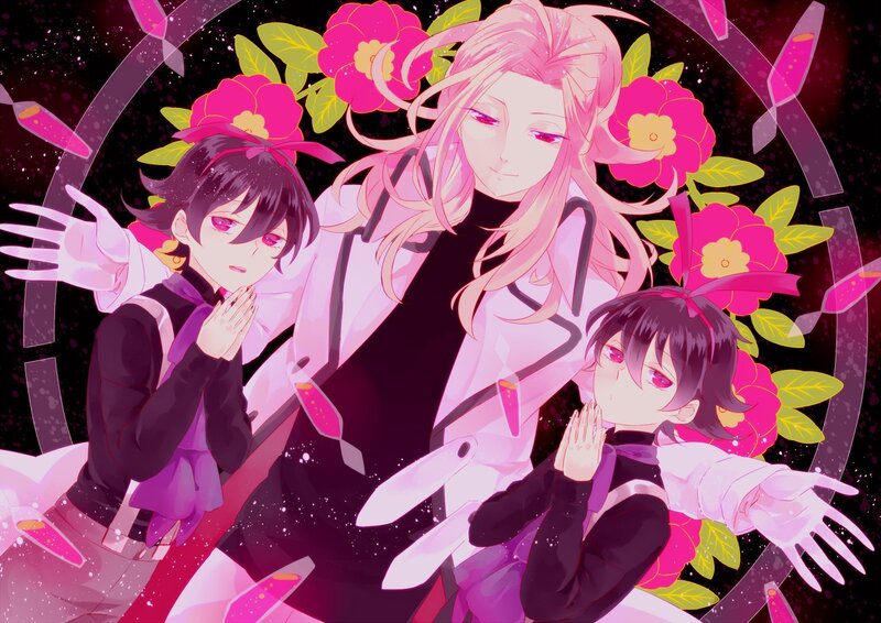Three characters with pink flowers