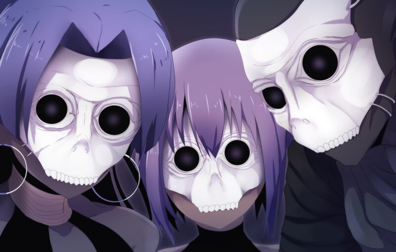 Three Characters with Skull Masks