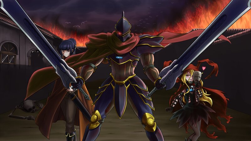 Three Characters with Swords — Red, Dramatic