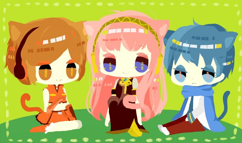 Three Chibi Characters — Green, Playful, Digital Art, Cat Ears