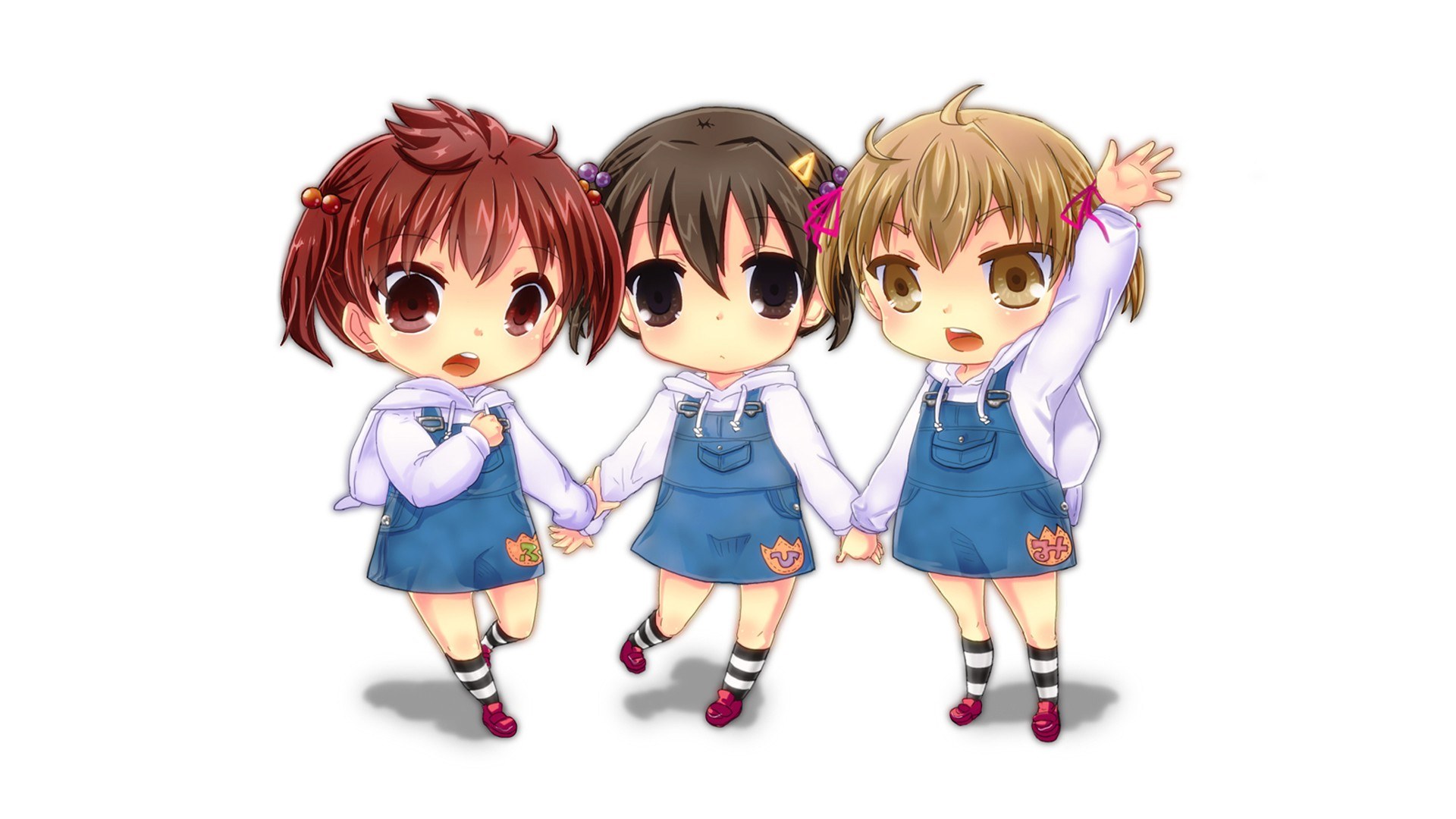 three chibi girls holding hands