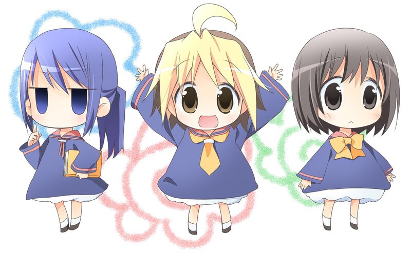 three chibi girls in school uniforms