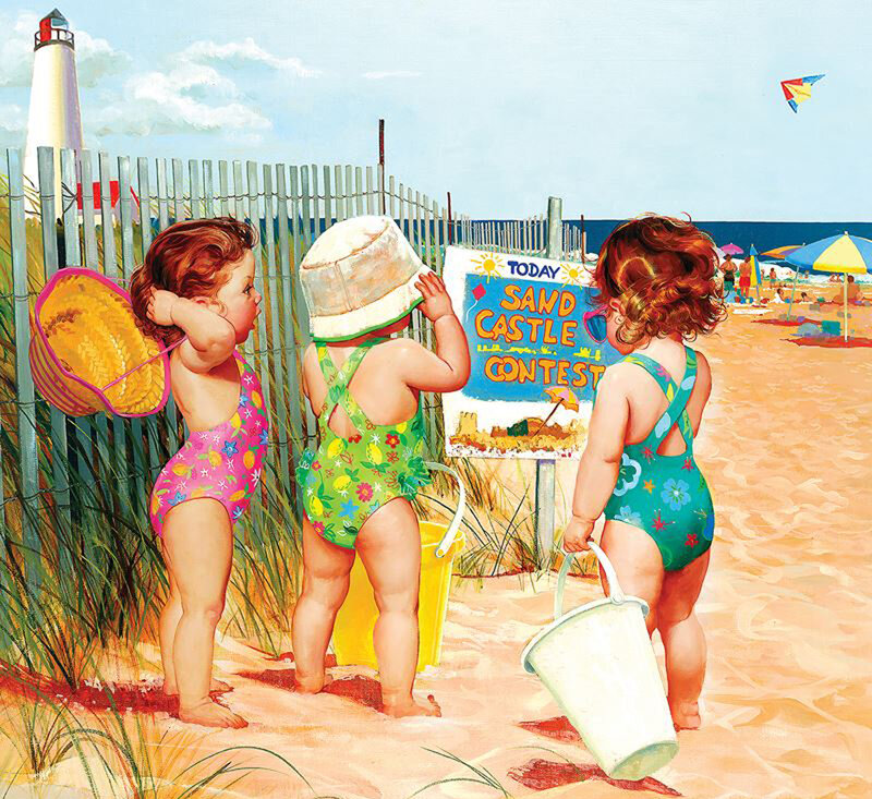 Three Children at Beach — Blue