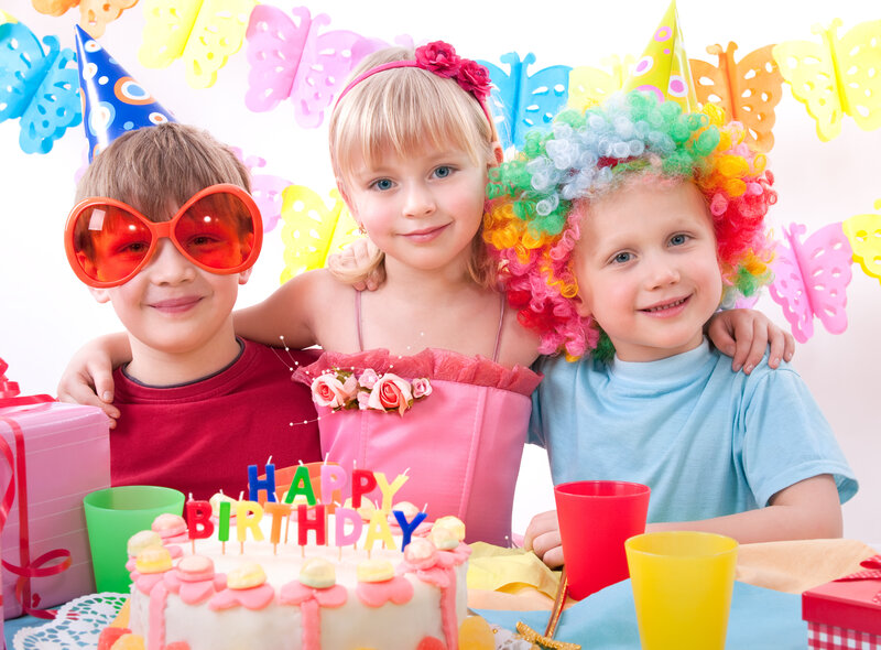 Three Children at Birthday Party — Pink, Festive