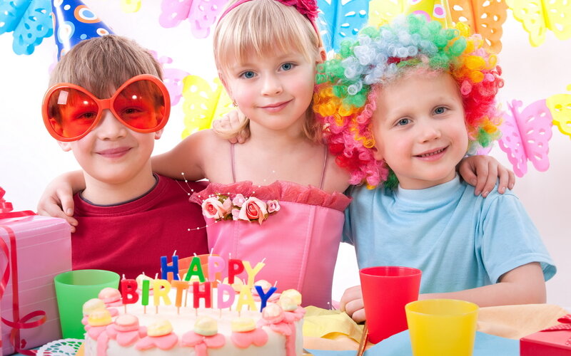 Three Children at Birthday Party — Pink, Joyful