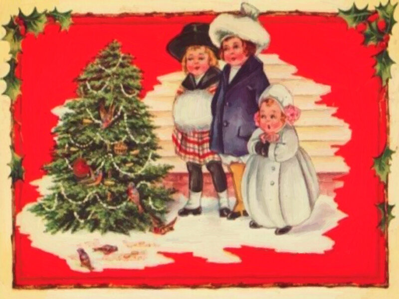 Three Children by Christmas Tree