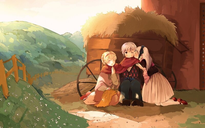 Three Children Hugging — Green, Peaceful