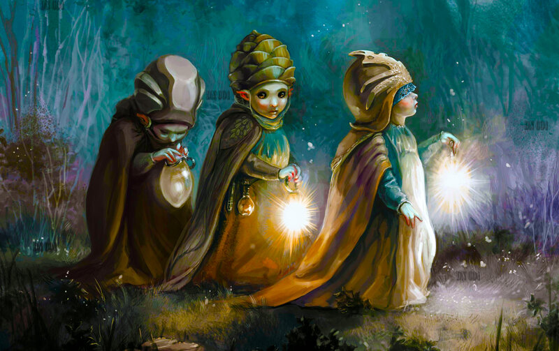 Three Children in Forest — Blue