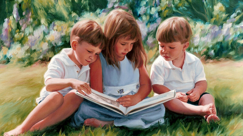 Three Children Reading Book — Green