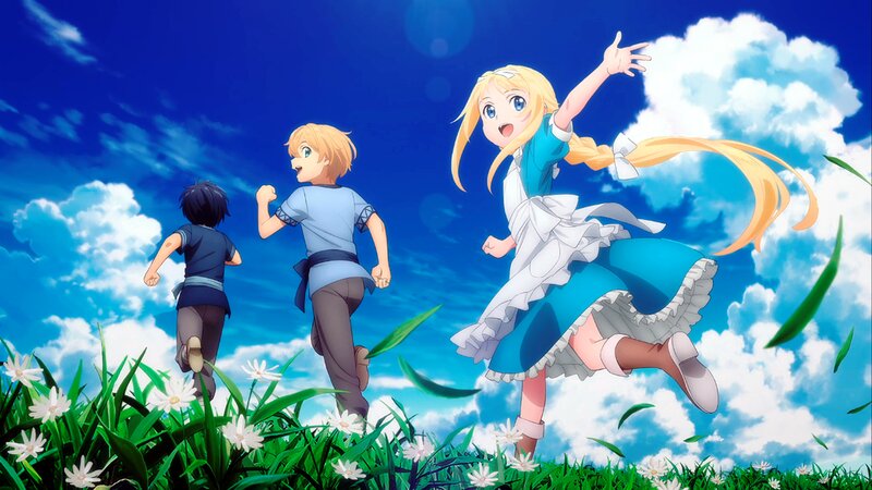 Three Children Running — Blue, Joyful