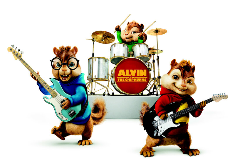 Three Chipmunks Playing Instruments