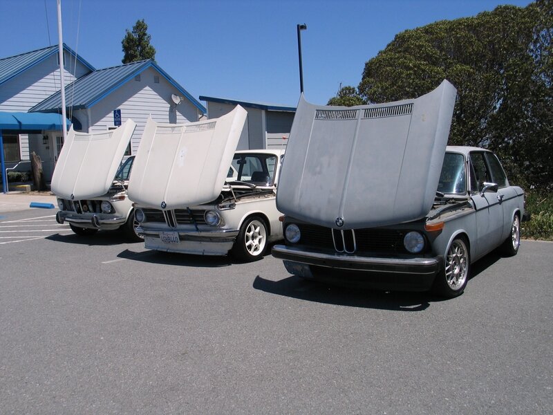 Three classic BMWs with hoods open