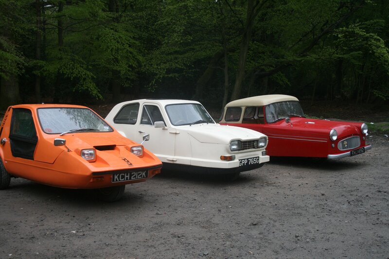 Three classic cars in a forest