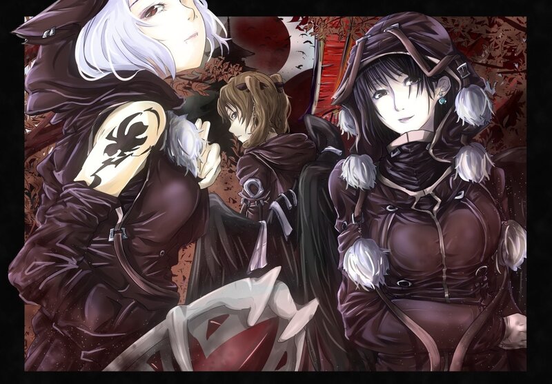 Three cloaked figures in a dark scene