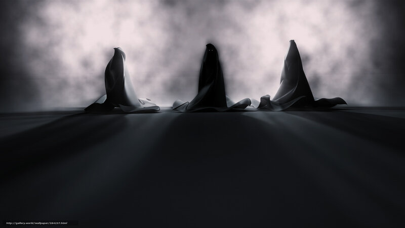 Three cloaked figures in mist