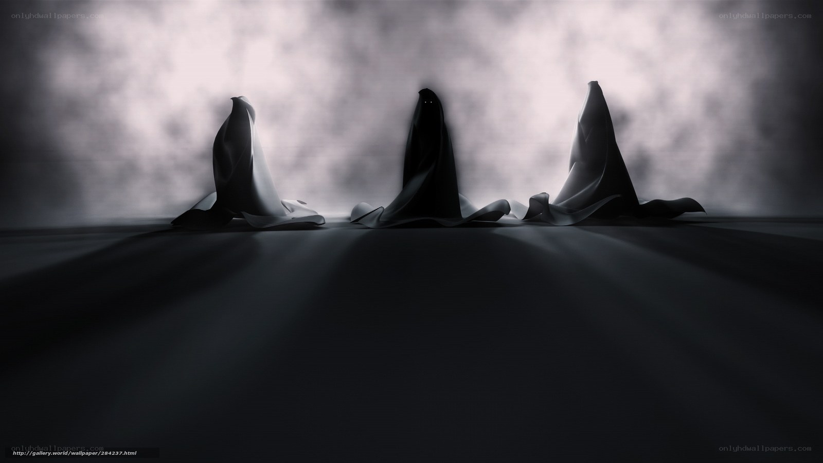 Three cloaked figures in mist