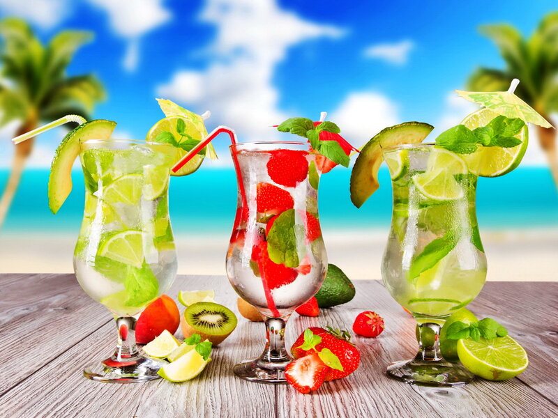 Three Cocktails on Table — Green, Tropical