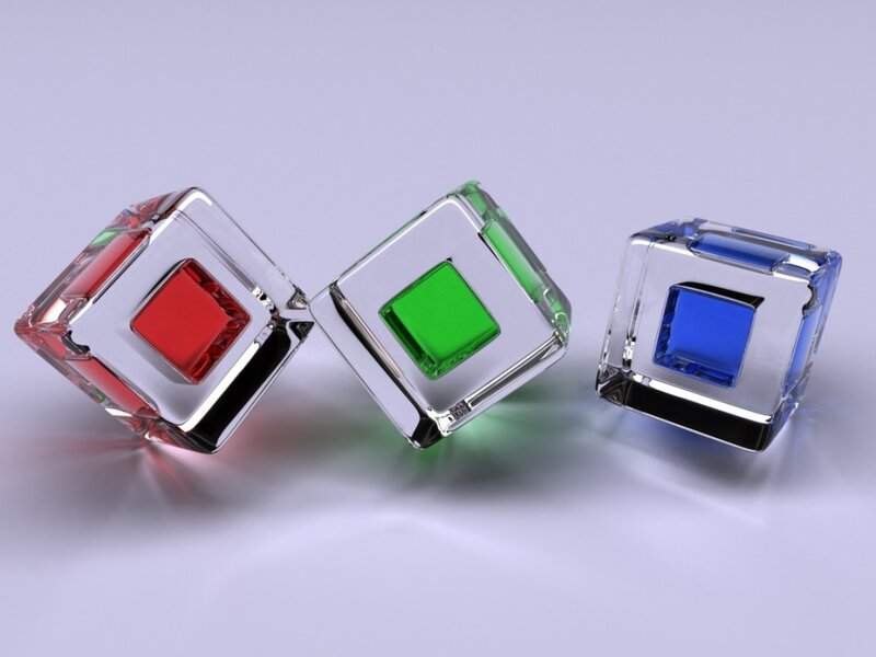 Three Colored Cubes — Red, Neutral, 3d Render, Glass, Reflection
